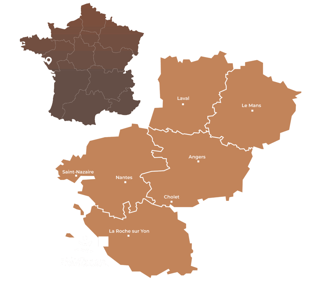 Carte des villes des Pays de la Loire, France.